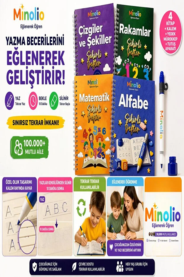 Sihirli Defter Magic Learn Oluklu Sihirli Yazı Seti – 4 Kitap + Sihirli Kalem Hediyeli